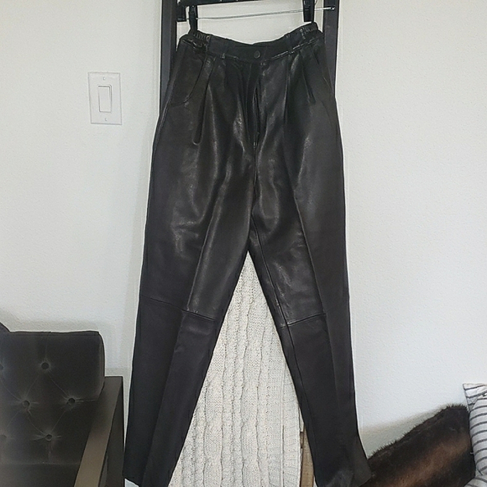 Women's Black Genuine Leather Straight Leg Pants, Sz 12.